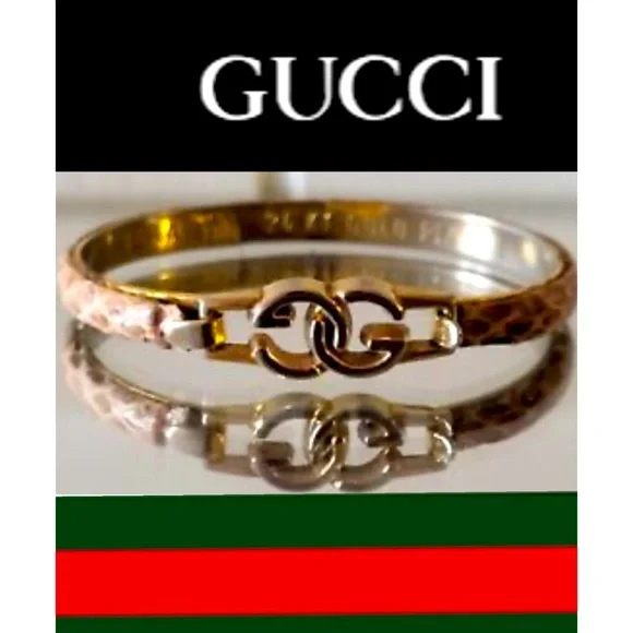 VINTAGE GUCCI GG 24K GOLDPLATED
BEIGE SNAKE'S SKIN BANGLE BRACELET - Picture 1 of 16